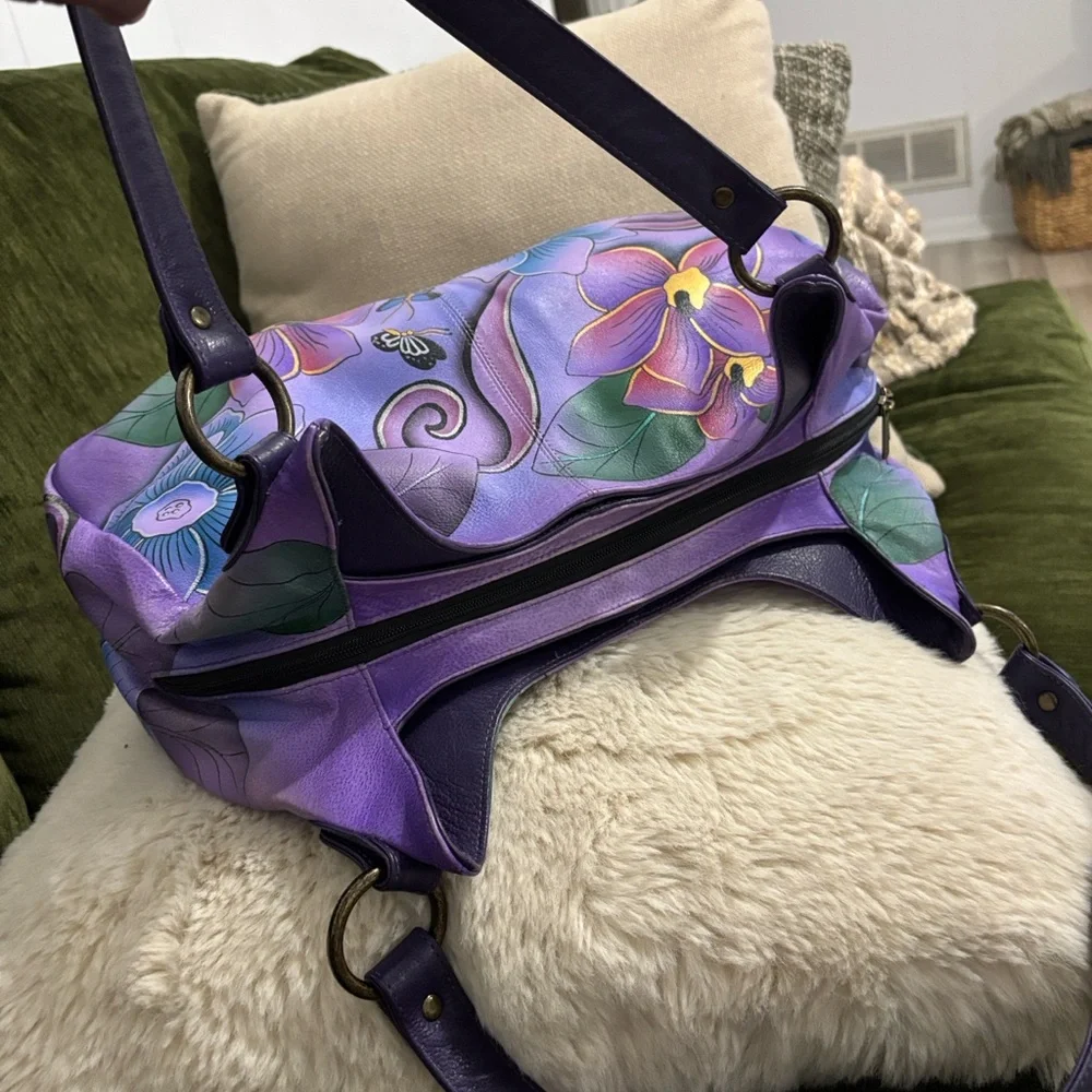 ANUSCHIKA India Purple Leather Floral‎ Triple Compartment Large Satchel Bag